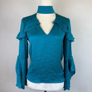 Madison & Berkeley Teal Satin Blouse with Ruffle Details and Flowy Sleeves